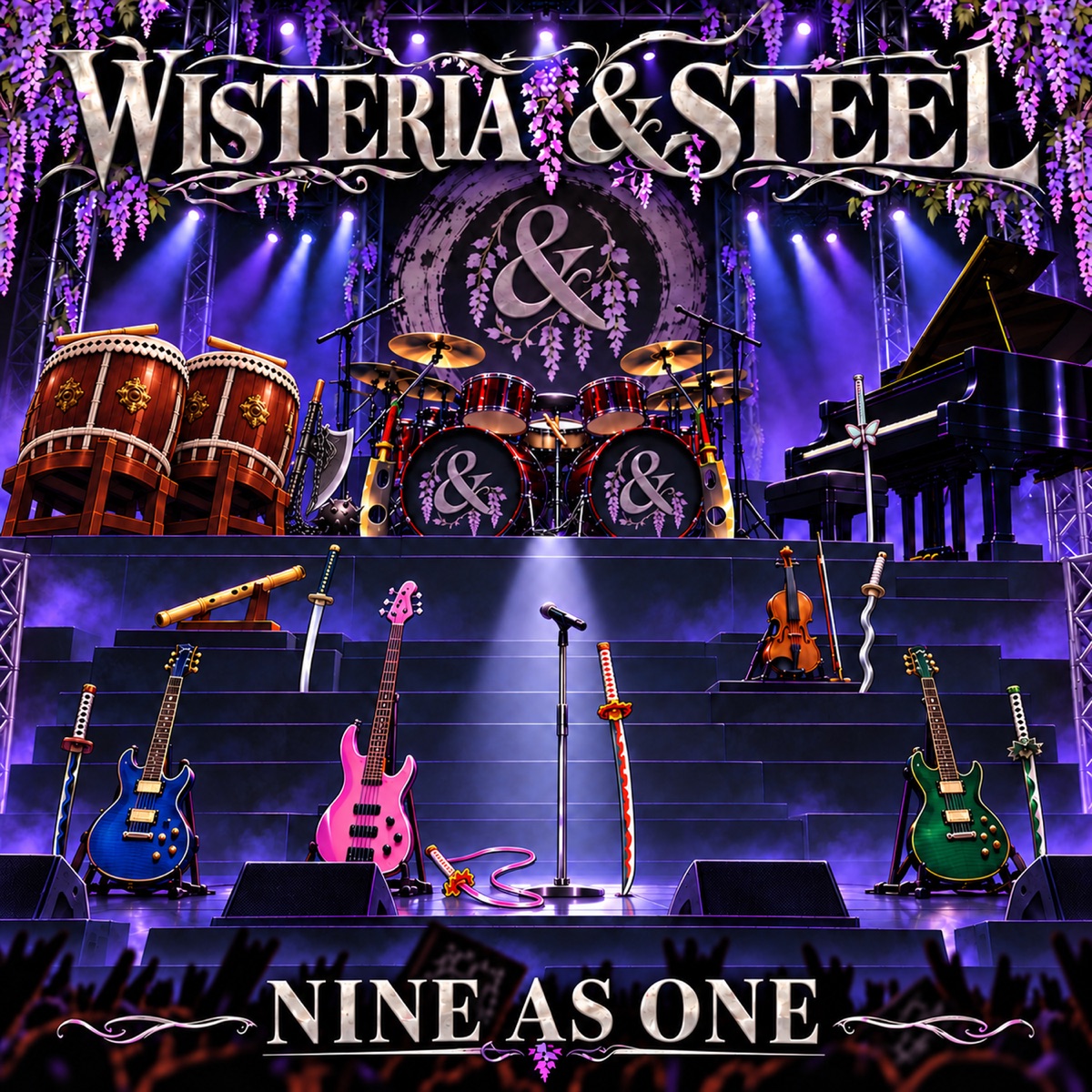 Nine as One album cover: nine instruments on a violet-lit stage