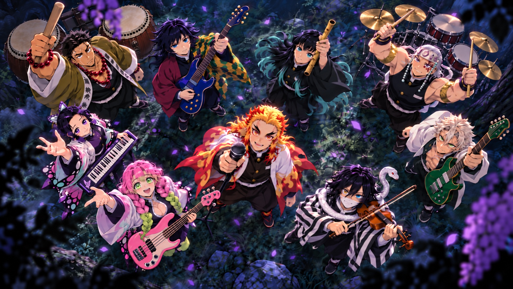 All nine Hashira imagined as Wisteria & Steel, raising their instruments together in a moonlit forest filled with wisteria