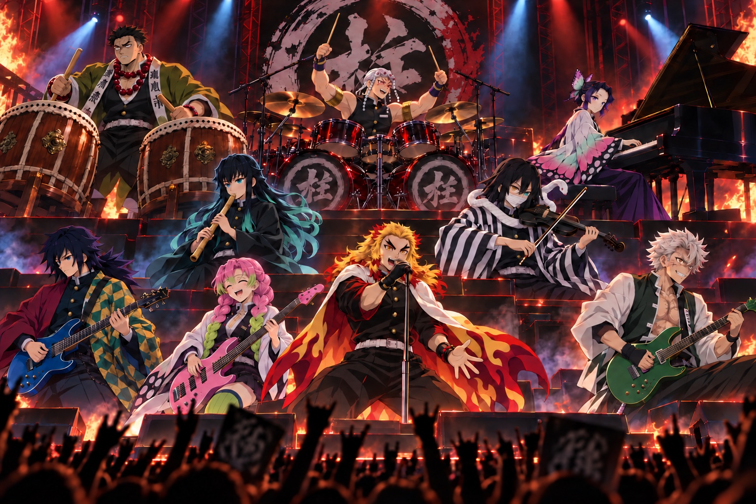 The nine Hashira performing as a metal band on a blazing concert stage
